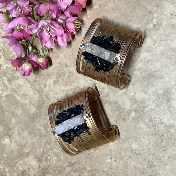 🌸 2PC BRACELET GOLD SET DRUZY BLING ONYX BUNDLE CUFF BOHEMIAN DIAMOND BOHO CHIC - Picture 4 of 7